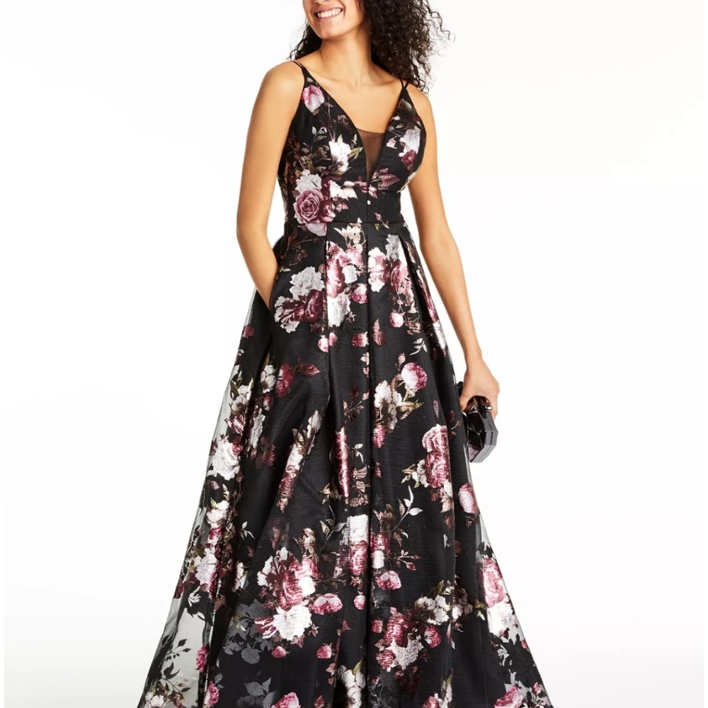 Crystal Doll 💜 NWT Foil Print Chiffon Ball Gown Black Formal Dress Pockets Sz 3